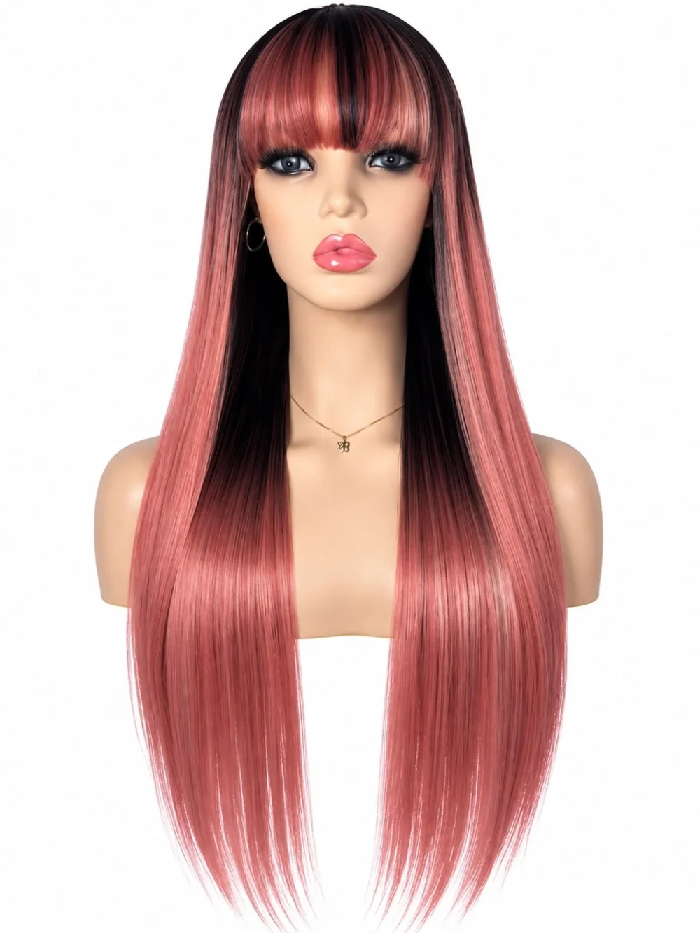 Long Straight Fringe bangs Wig in Rose Pink with Black Roots 26 inches long